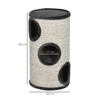 PAWROOM - Skrapefat Lek Og Skrapefat For Katter Med 3 Huler, Laget Av Sisal & Plysj, Grå, Ø38X70Cm