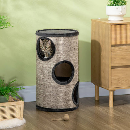 PAWROOM - Skrapefat Lek Og Skrapefat For Katter Med 3 Huler, Laget Av Sisal & Plysj, Grå, Ø38X70Cm