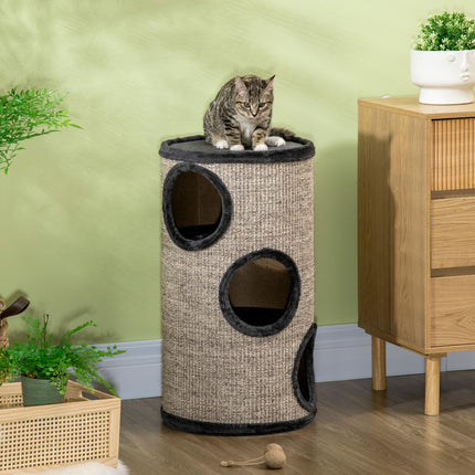 PAWROOM - Skrapefat Lek Og Skrapefat For Katter Med 3 Huler, Laget Av Sisal & Plysj, Grå, Ø38X70Cm