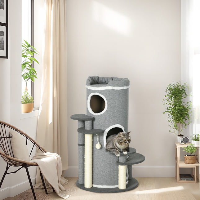 PAWROOM - Cat Scratching Barrel with Bed & Platforms, 99 cm, Grey