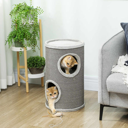 PAWROOM - Cat Scratching Tower, 2 Levels, Sisal & Plush, Light Grey