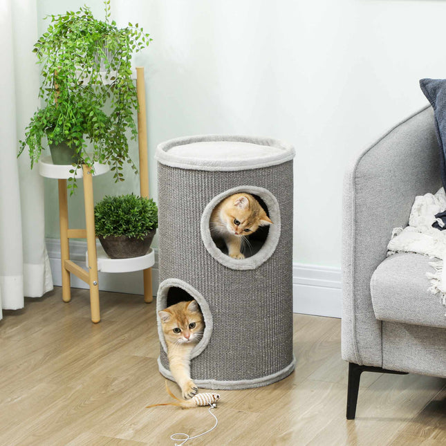 PAWROOM - Cat Scratching Tower, 2 Levels, Sisal & Plush, Light Grey