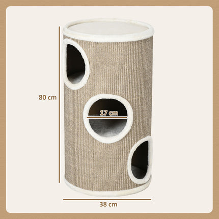PAWROOM - Kløetønne, høyde 70 cm, leketønne for katter, 3 nivåer, katteskrapestolpe med 3 huler, kattetre, skrapetårn, sisal, plysj