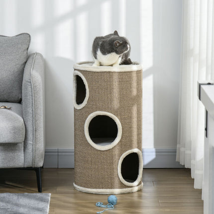 PAWROOM - Kløetønne, høyde 70 cm, leketønne for katter, 3 nivåer, katteskrapestolpe med 3 huler, kattetre, skrapetårn, sisal, plysj