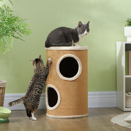 PAWROOM - Kløetønne, 60 cm høy kattetønne med 2 huler, skrapestolpe, kattetårn laget av sisal, for katter opp til 5 kg, brun