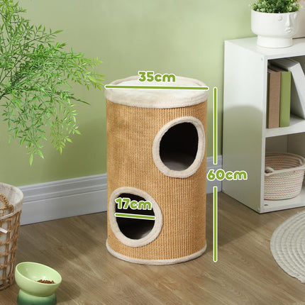 PAWROOM - Kløetønne, 60 cm høy kattetønne med 2 huler, skrapestolpe, kattetårn laget av sisal, for katter opp til 5 kg, brun