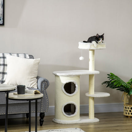PAWROOM - Skrapestolpe 100 Cm Med Skrapeløp, Sisal-Søyle Og Lekeball, Pute, Kremhvit