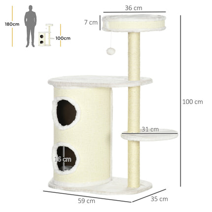 PAWROOM - Skrapestolpe 100 Cm Med Skrapeløp, Sisal-Søyle Og Lekeball, Pute, Kremhvit