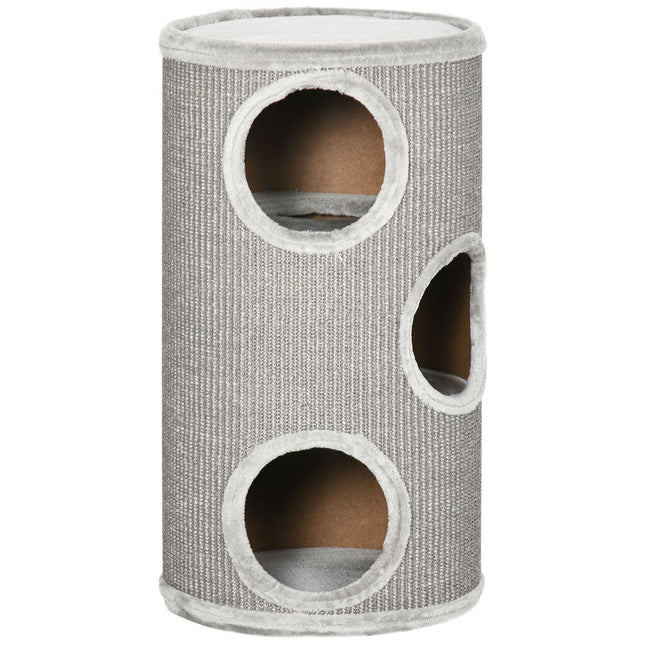 PAWROOM - Cat Scratching Barrel with Sisal & Plush, 3 Caves, Light Grey