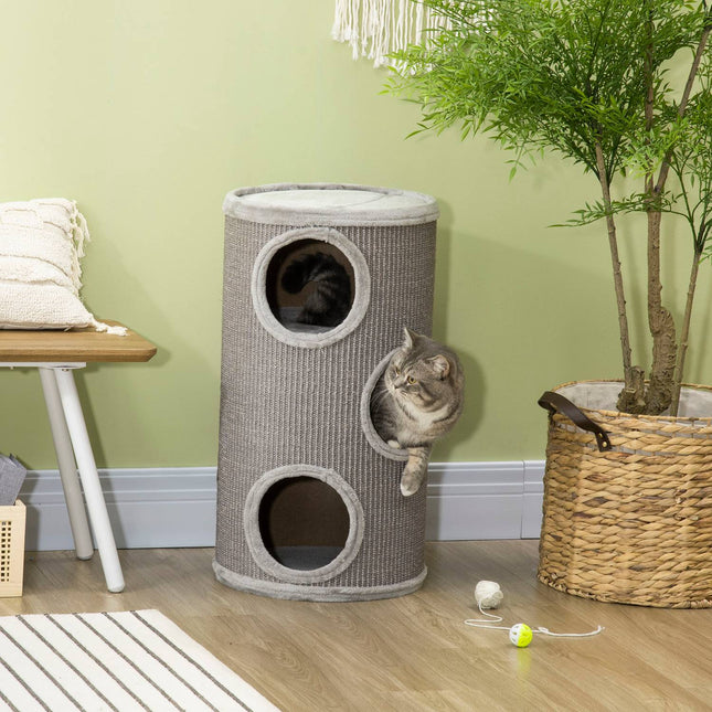 PAWROOM - Cat Scratching Barrel with Sisal & Plush, 3 Caves, Light Grey