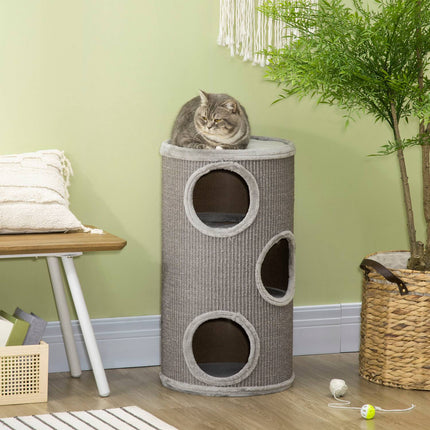 PAWROOM - Skrapefat Lek Og Skrapefat For Katter Med 3 Huler, Laget Av Sisal & Plysj, Lys Grå, Ø38X70Cm