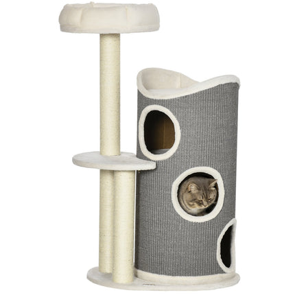 PAWROOM - Skrapestolpe 109Cm Kattetre Med Skrapetønne & Katteseng, Sisal Søyler, Hvit + Grå