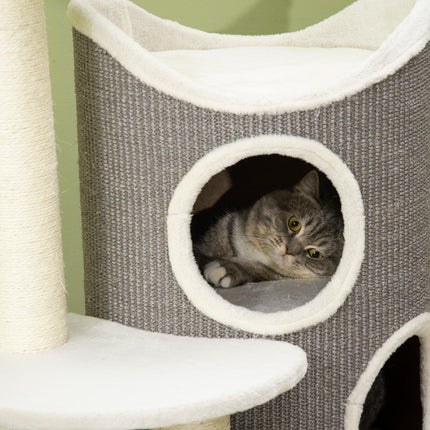 PAWROOM - Skrapestolpe 109Cm Kattetre Med Skrapetønne & Katteseng, Sisal Søyler, Hvit + Grå