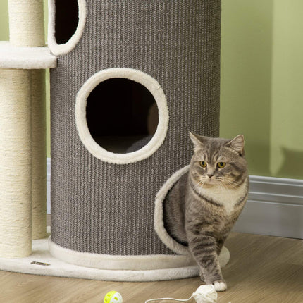 PAWROOM - Skrapestolpe 109Cm Kattetre Med Skrapetønne & Katteseng, Sisal Søyler, Hvit + Grå
