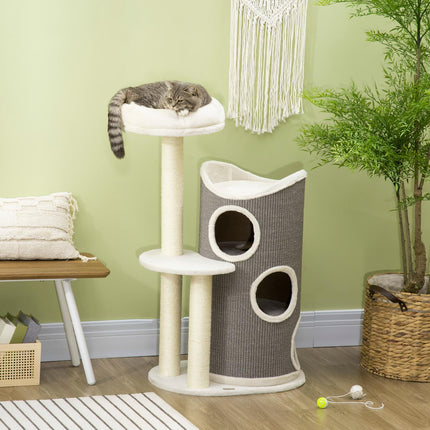 PAWROOM - Skrapestolpe 109Cm Kattetre Med Skrapetønne & Katteseng, Sisal Søyler, Hvit + Grå