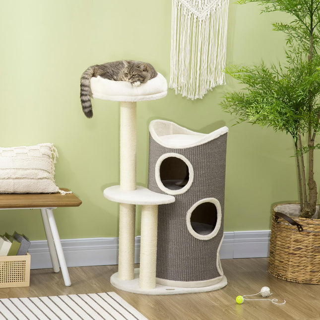 PAWROOM - Cat tree 109cm with scratching post & bed, grey/white