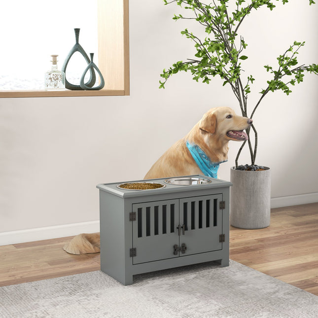 PAWROOM - Raised feeding station for large dogs, 2 stainless steel bowls, storage space, 35.5x60x30 cm, grey