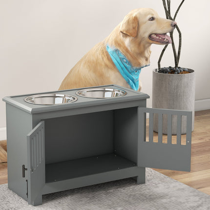PAWROOM - Raised feeding station for large dogs, 2 stainless steel bowls, storage space, 35.5x60x30 cm, grey