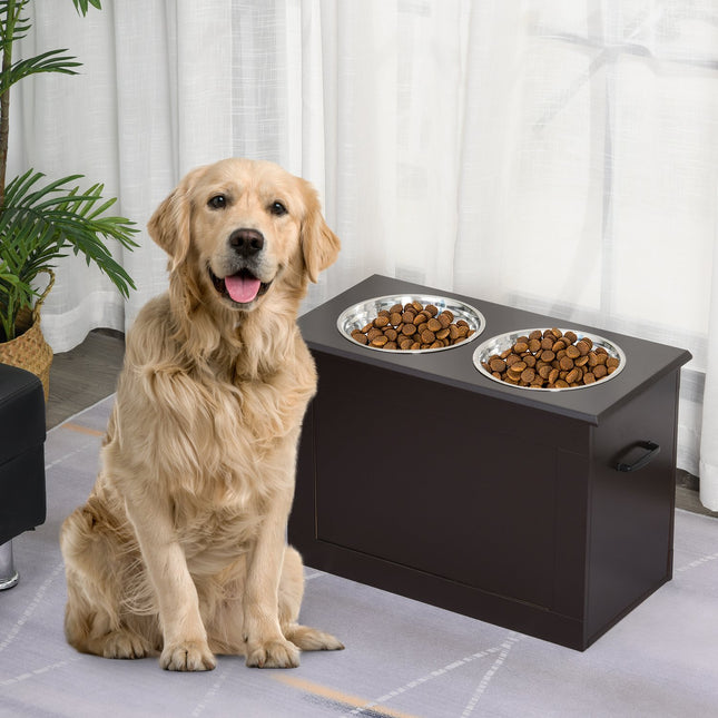 PAWROOM - Pet Feeding Station, Double Stainless Steel Bowls, MDF Espresso Finish