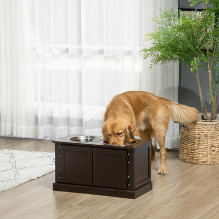 PAWROOM - Hevede hundeskåler med oppbevaringsplass, 2 skåler, for store hunder, vannskål, matskål, hundeskålstativ, 60 cm x 30 cm x 34 cm, kaffe