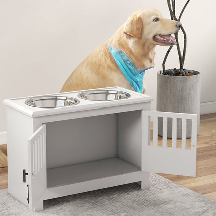 PAWROOM - Fôringsskål, hevet fôringsstasjon med 2L fôringsskål i rustfritt stål, oppbevaringsplass, dobbel dør med lås, hundestang for ekstra store hunder, hvit