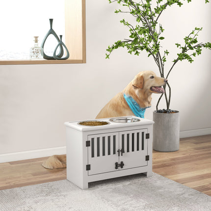 PAWROOM - Fôringsskål, hevet fôringsstasjon med 2L fôringsskål i rustfritt stål, oppbevaringsplass, dobbel dør med lås, hundestang for ekstra store hunder, hvit
