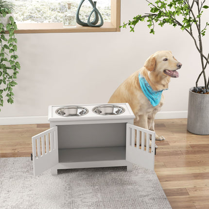 PAWROOM - Fôringsskål, hevet fôringsstasjon med 2L fôringsskål i rustfritt stål, oppbevaringsplass, dobbel dør med lås, hundestang for ekstra store hunder, hvit