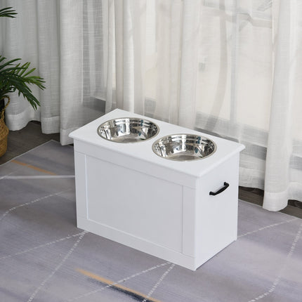 PAWROOM - Fôringsskål Med Oppbevaring 2 Skåler I Rustfritt Stål, Fôringsstasjon, Hvit, 60X30X41Cm