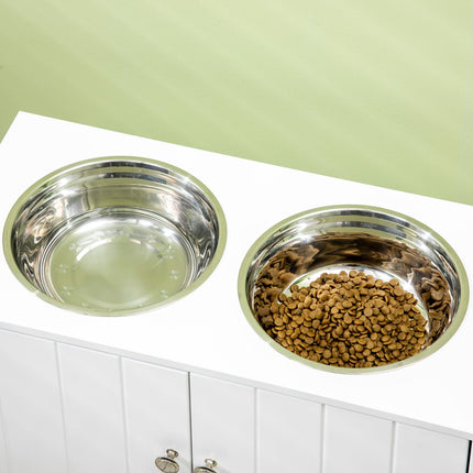 PAWROOM - Hundeskåler, Forhøyet Fôringsstasjon Med 2 Skåler I Rustfritt Stål, Hundeskålstativ Med 44L Lagringsplass, Magnetiske Dører, Matskål, Vannskål, Hvit