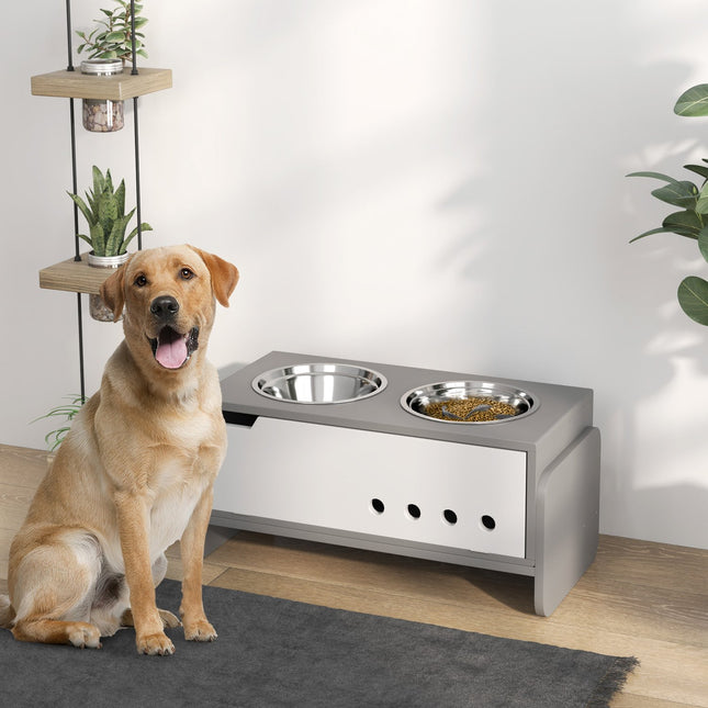 PAWROOM - Hevet hundeskål, 3 nivåer høydejusterbar matskål for hunder med oppbevaringsplass, anti-slyngematte, fôringskål med 2 x 2L skåler i rustfritt stål, for middels til ekstra store hunder, grå