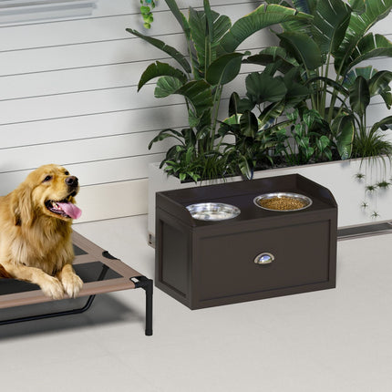 PAWROOM - Hundeskål, 2 x 2L fôringsskål, forhøyet fôringsskål med skuff, skål i rustfritt stål, fôringsstasjon for store hunder, kaffe