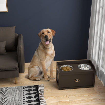 PAWROOM - Hundeskål, 2 x 2L fôringsskål, forhøyet fôringsskål med skuff, skål i rustfritt stål, fôringsstasjon for store hunder, kaffe