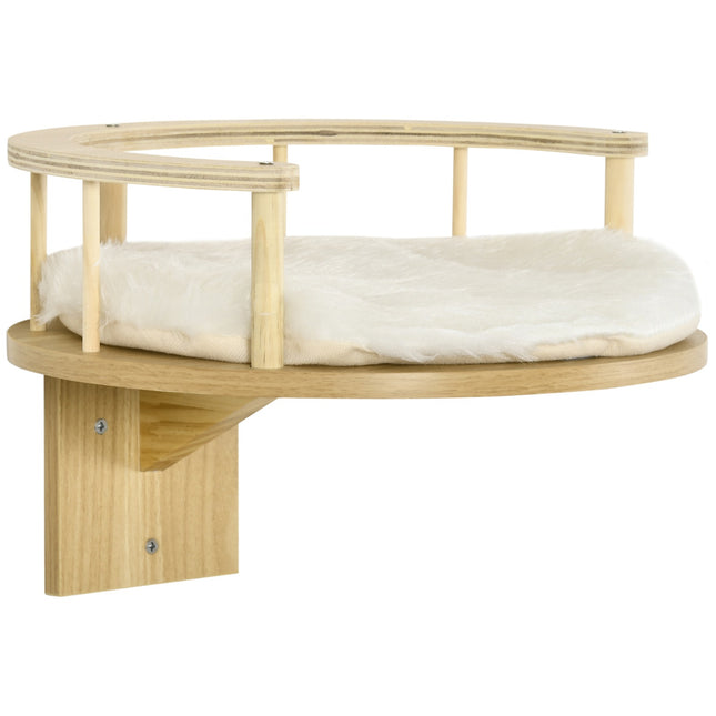 PAWROOM - Katteseng For Veggmontering Katteseng Med Beskyttelseskant & Pute, Eik + Kremhvit, Ø34X10,5 Cm