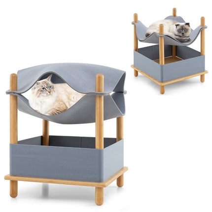 PAWROOM - Kattehus 2 plan bambus hevet katteseng med oppbevaringsplass 40 x 40 x 53 cm natur + grå
