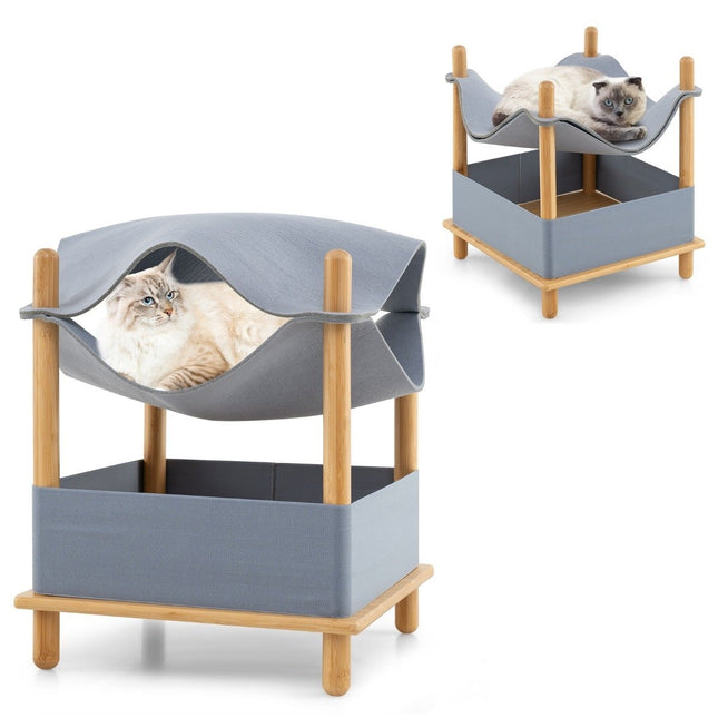 PAWROOM - Kattehus 2 plan bambus hevet katteseng med oppbevaringsplass 40 x 40 x 53 cm natur + grå