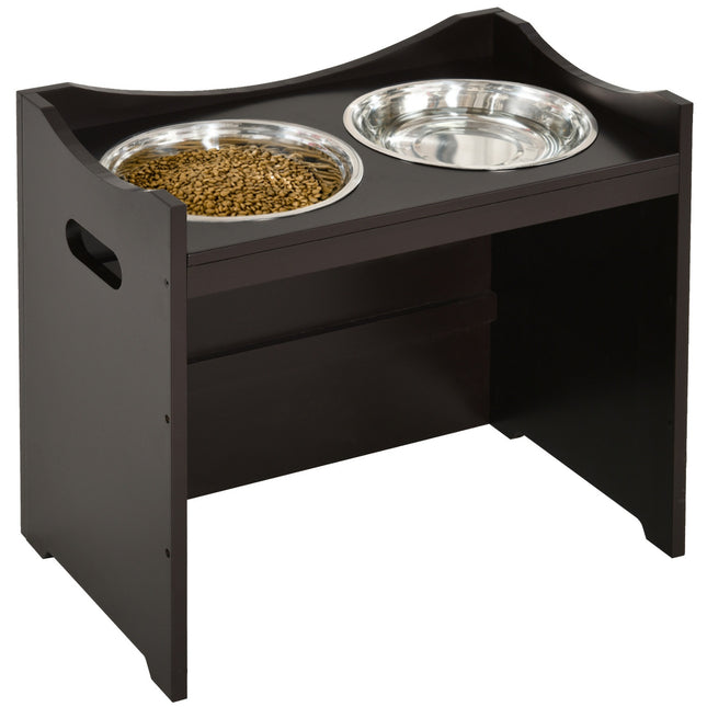 PAWROOM - Høydejusterbar Hundeskål, Fôringsstasjon Med Skål I Rustfritt Stål, For Hunder Og Katter, Mdf, Mørkebrun, 54X31,5X47Cm