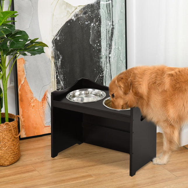 PAWROOM - Høydejusterbar Hundeskål, Fôringsstasjon Med Skål I Rustfritt Stål, For Hunder Og Katter, Mdf, Mørkebrun, 54X31,5X47Cm