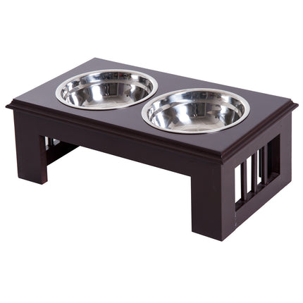 PAWROOM - Hundeskål Sett Med 2 Matskåler I Rustfritt Stål, Hevet Katteskål, Mdf, Lettstelt, Kaffe, 44X24X15Cm