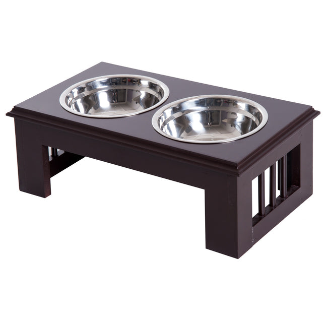 PAWROOM - Hundeskål Sett Med 2 Matskåler I Rustfritt Stål, Hevet Katteskål, Mdf, Lettstelt, Kaffe, 44X24X15Cm