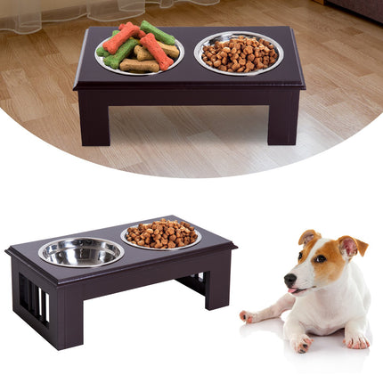 PAWROOM - Hundeskål Sett Med 2 Matskåler I Rustfritt Stål, Hevet Katteskål, Mdf, Lettstelt, Kaffe, 44X24X15Cm