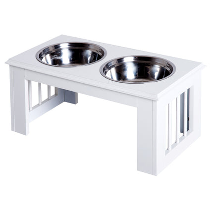 PAWROOM - Hevet Hundeskål Matskål Med Skåler I Rustfritt Stål, Mdf, Anti-Skli, Lettstelt, Hvit, 58,4X30,5X25,4Cm