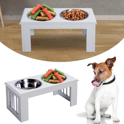 PAWROOM - Hevet Hundeskål Matskål Med Skåler I Rustfritt Stål, Mdf, Anti-Skli, Lettstelt, Hvit, 58,4X30,5X25,4Cm