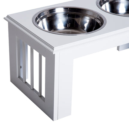 PAWROOM - Hevet Hundeskål Matskål Med Skåler I Rustfritt Stål, Mdf, Anti-Skli, Lettstelt, Hvit, 58,4X30,5X25,4Cm