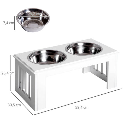 PAWROOM - Hevet Hundeskål Matskål Med Skåler I Rustfritt Stål, Mdf, Anti-Skli, Lettstelt, Hvit, 58,4X30,5X25,4Cm