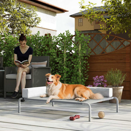 PAWROOM - Utendørs hundeseng, opphøyd hundeseng for mellomstore hunder, med L-formet pute 110x75x30 cm, lys grå