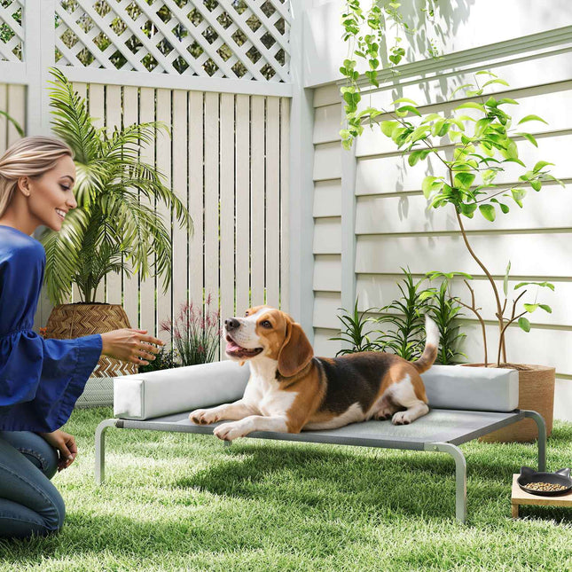 PAWROOM - Elevated Outdoor Dog Bed with L-Shaped Cushion, 110x75x30cm