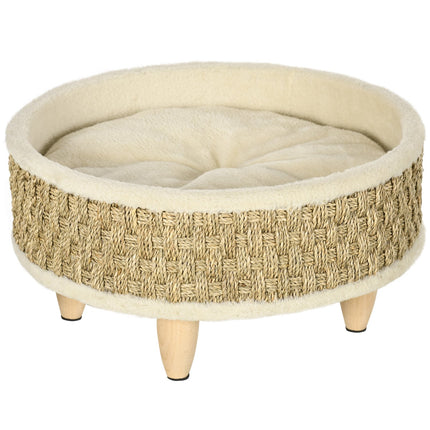 PAWROOM - Hundeseng Forhøyet Kjæledyrseng Med Vaskbar Pute, Sjøgresstau Og Trebein, Rund, Beige+Khaki, 48X48X24,5 Cm