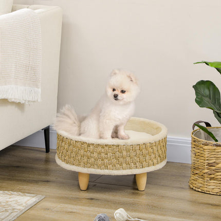 PAWROOM - Hundeseng Forhøyet Kjæledyrseng Med Vaskbar Pute, Sjøgresstau Og Trebein, Rund, Beige+Khaki, 48X48X24,5 Cm