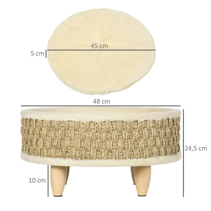 PAWROOM - Hundeseng Forhøyet Kjæledyrseng Med Vaskbar Pute, Sjøgresstau Og Trebein, Rund, Beige+Khaki, 48X48X24,5 Cm
