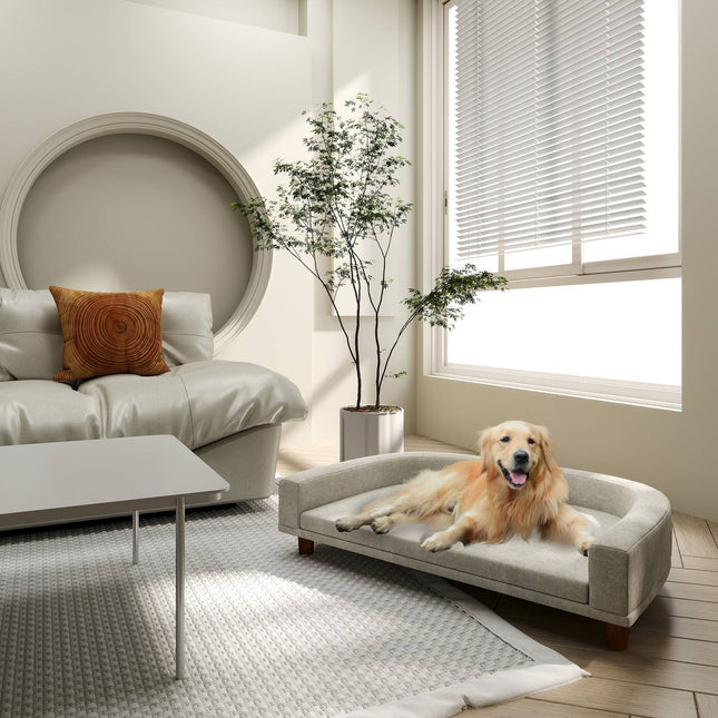 PAWROOM - Hundesofa, kjæledyrsofa Kattesofa med pute, hundeseng for store hunder, hundesofa med hevet design, hundestol med treben, grå, 98 x 67 x 25 cm